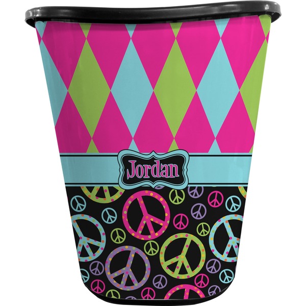 Custom Harlequin & Peace Signs Waste Basket - Single Sided (Black) (Personalized)
