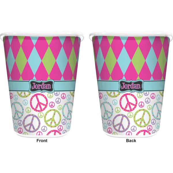Harlequin & Peace Signs Trash Can White - Front and Back - Apvl