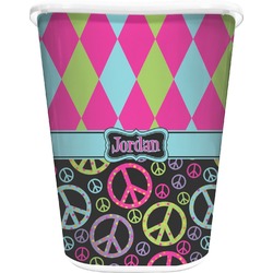 Harlequin & Peace Signs Waste Basket - Double Sided (White) (Personalized)