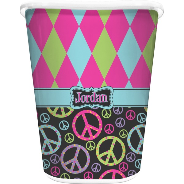Custom Harlequin & Peace Signs Waste Basket - Single Sided (White) (Personalized)