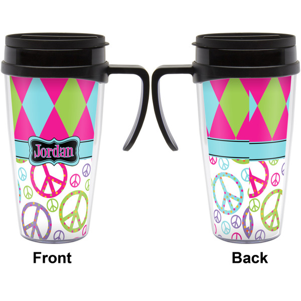 Harlequin & Peace Signs Travel Mug with Black Handle - Approval