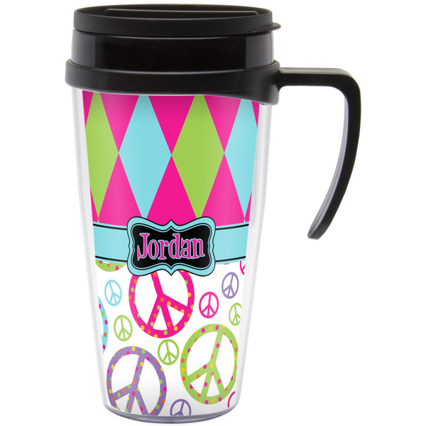 Custom Harlequin & Peace Signs Acrylic Travel Mug with Handle (Personalized)