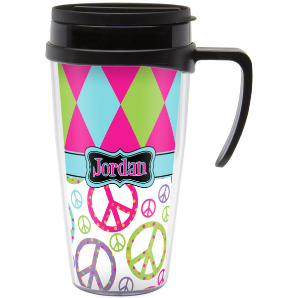 Custom Harlequin & Peace Signs Acrylic Travel Mug with Handle (Personalized)