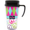 Harlequin & Peace Signs Travel Mug with Black Handle - Front