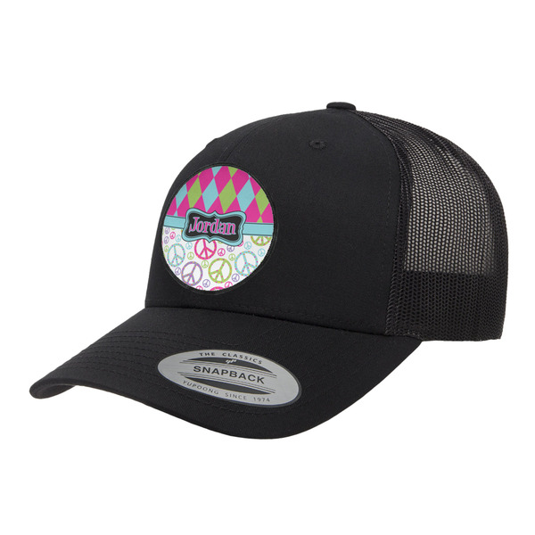 Custom Harlequin & Peace Signs Trucker Hat - Black (Personalized)