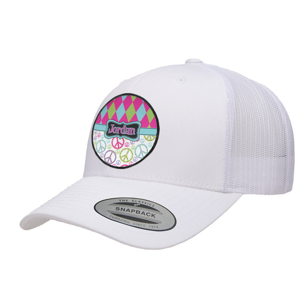 Custom Harlequin & Peace Signs Trucker Hat - White (Personalized)