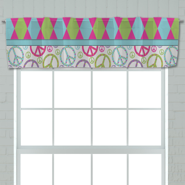 Harlequin & Peace Signs Valance - Closeup on window