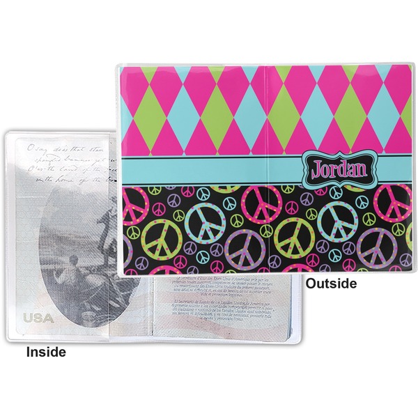 Harlequin & Peace Signs Vinyl Passport Holder - Flat Front and Back