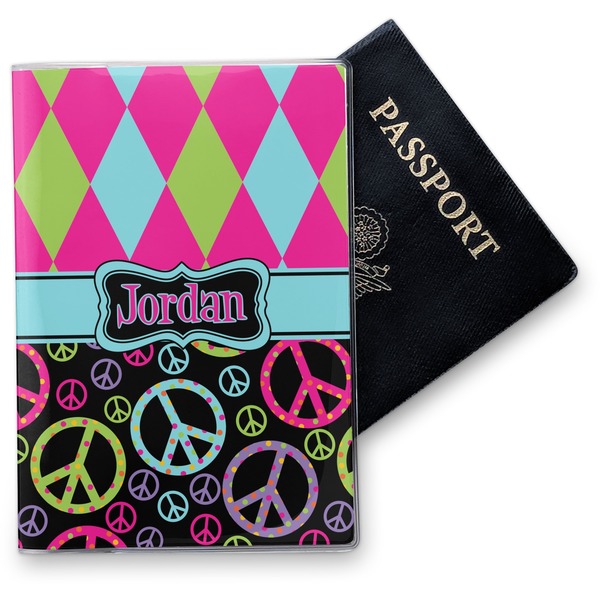 Custom Harlequin & Peace Signs Vinyl Passport Holder (Personalized)