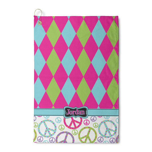 Custom Harlequin & Peace Signs Waffle Weave Golf Towel (Personalized)