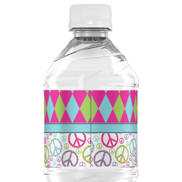 Harlequin & Peace Signs Water Bottle Label - Back View