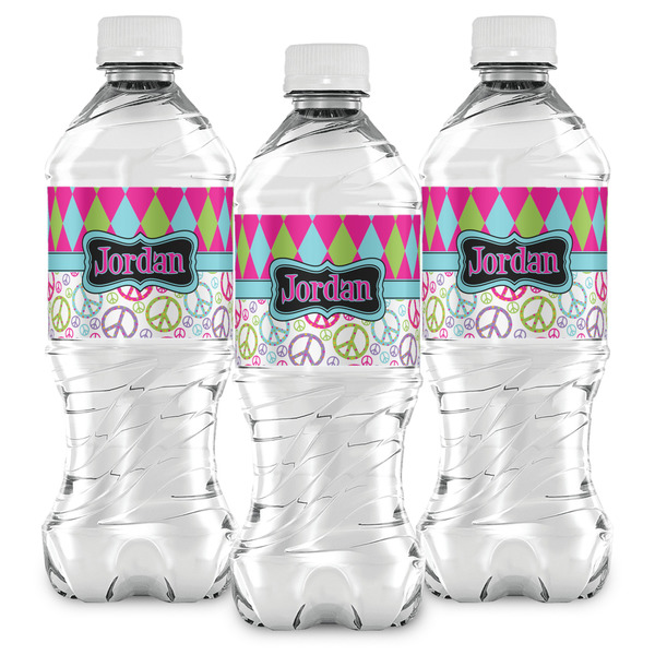 Harlequin & Peace Signs Water Bottle Labels - Front View