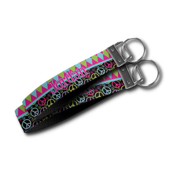 Harlequin & Peace Signs Webbing Keychain FOBs - Size Comparison