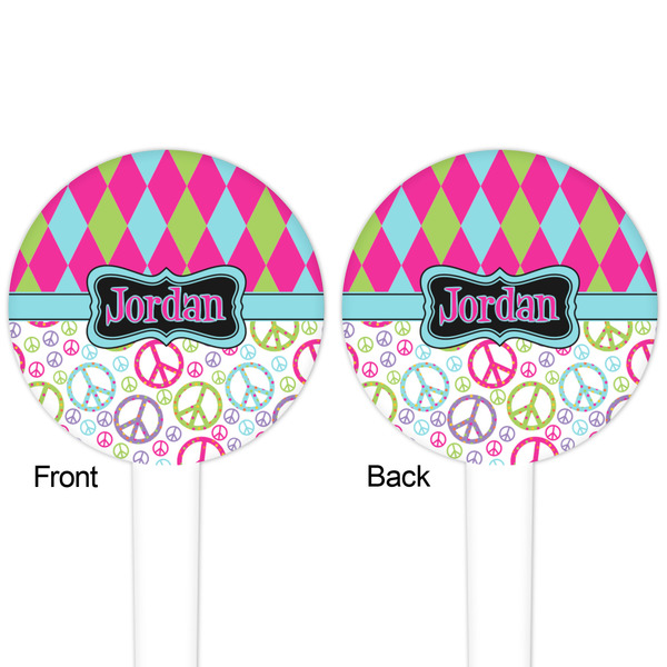 Harlequin & Peace Signs White Plastic 4" Food Pick - Round - Double Sided - Front & Back