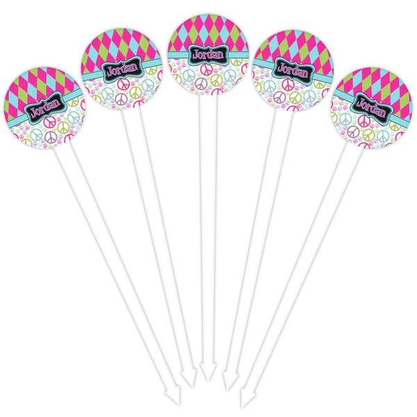 Harlequin & Peace Signs White Plastic 4" Food Pick - Round - Fan View