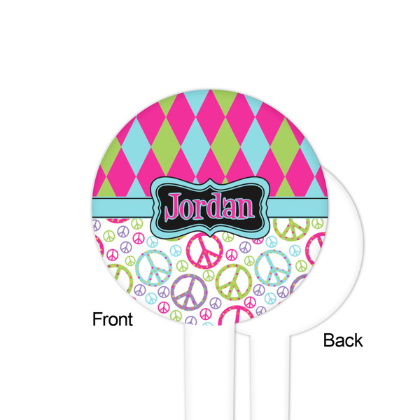 Harlequin & Peace Signs White Plastic 4" Food Pick - Round - Single Sided - Front & Back