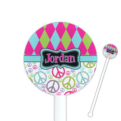 Harlequin & Peace Signs 5.5" Round Plastic Stir Sticks - White - Single Sided (Personalized)