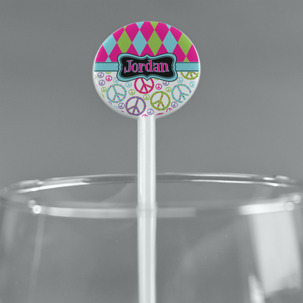Harlequin & Peace Signs White Plastic 5.5" Stir Stick - Round - Main