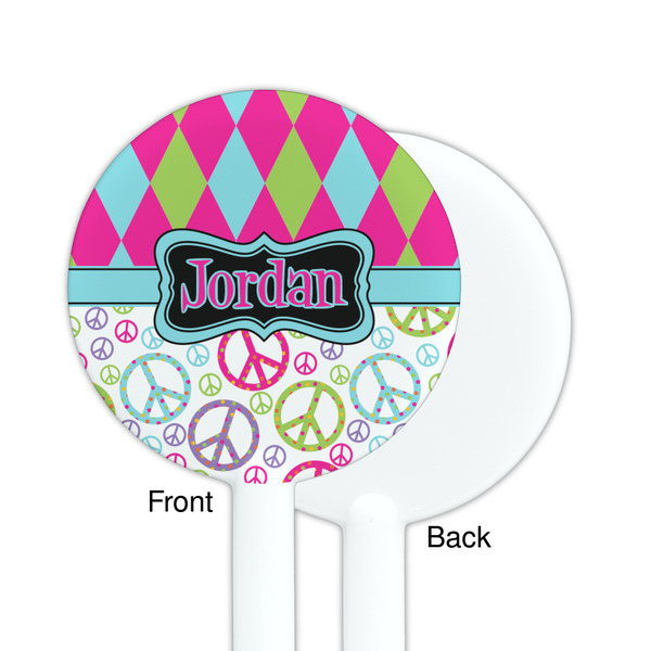 Harlequin & Peace Signs White Plastic 5.5" Stir Stick - Single Sided - Round - Front & Back