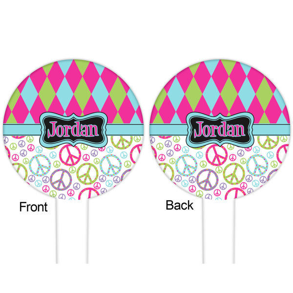 Harlequin & Peace Signs White Plastic 6" Food Pick - Round - Double Sided - Front & Back