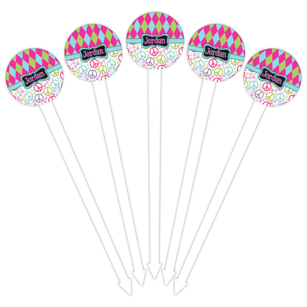 Harlequin & Peace Signs White Plastic 6" Food Pick - Round - Fan View