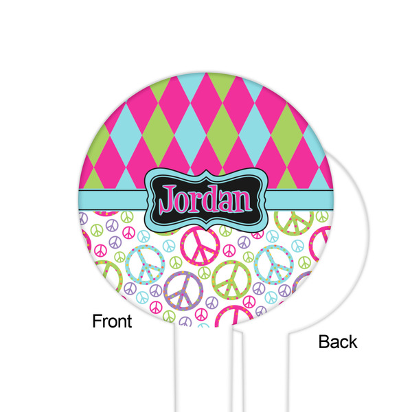 Harlequin & Peace Signs White Plastic 6" Food Pick - Round - Single Sided - Front & Back