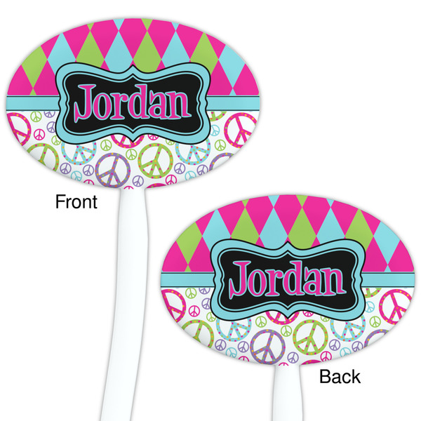 Harlequin & Peace Signs White Plastic 7" Stir Stick - Double Sided - Oval - Front & Back