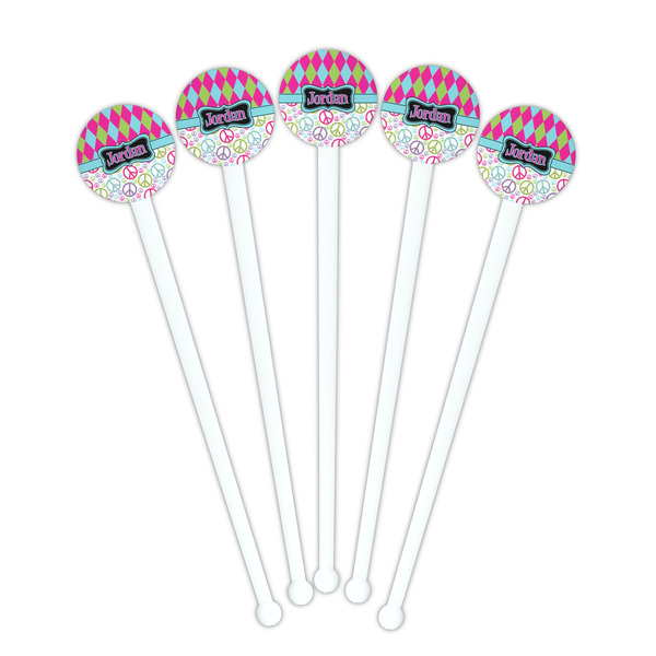 Harlequin & Peace Signs White Plastic 7" Stir Stick - Round - Fan View