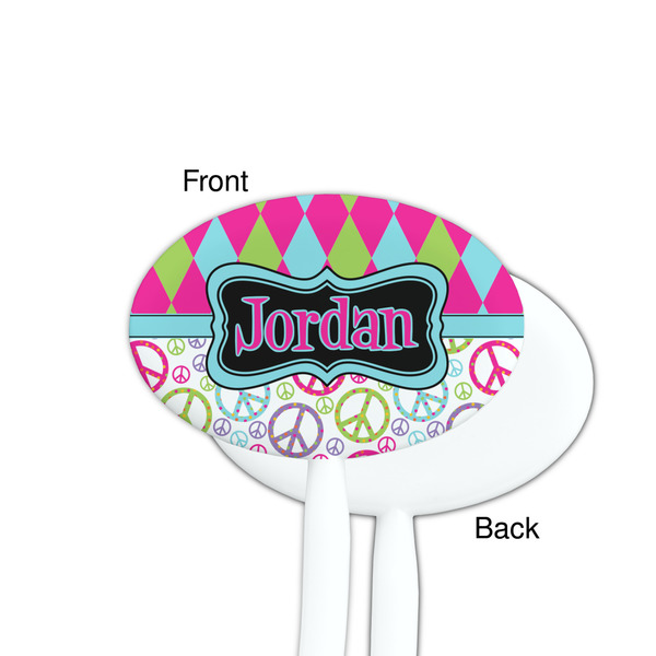 Harlequin & Peace Signs White Plastic 7" Stir Stick - Single Sided - Oval - Front & Back