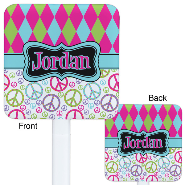 Harlequin & Peace Signs White Plastic Stir Stick - Double Sided - Approval