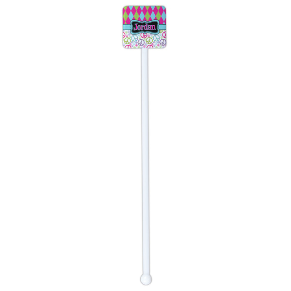 Harlequin & Peace Signs White Plastic Stir Stick - Double Sided - Square - Single Stick