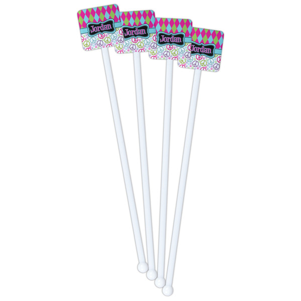 Harlequin & Peace Signs White Plastic Stir Stick - Single Sided - Square - Front