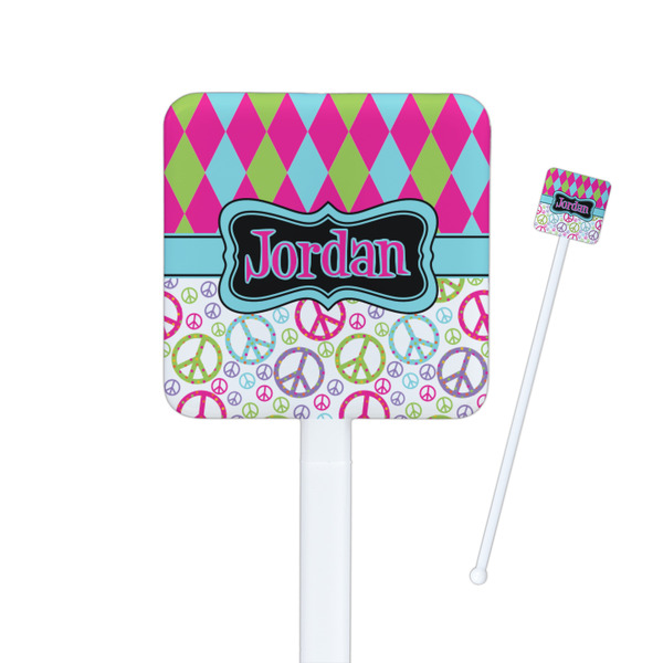 Custom Harlequin & Peace Signs Square Plastic Stir Sticks (Personalized)