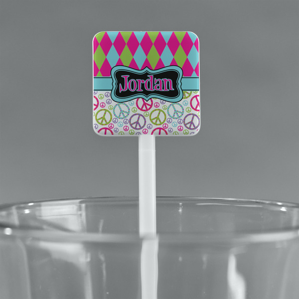 Harlequin & Peace Signs White Plastic Stir Stick - Square - Main