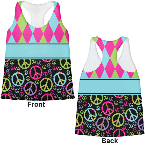 Harlequin & Peace Signs Womens Racerback Tank Tops - Medium - Front and Back