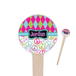 Harlequin & Peace Signs 4" Round Wooden Food Picks - Single Sided (Personalized)