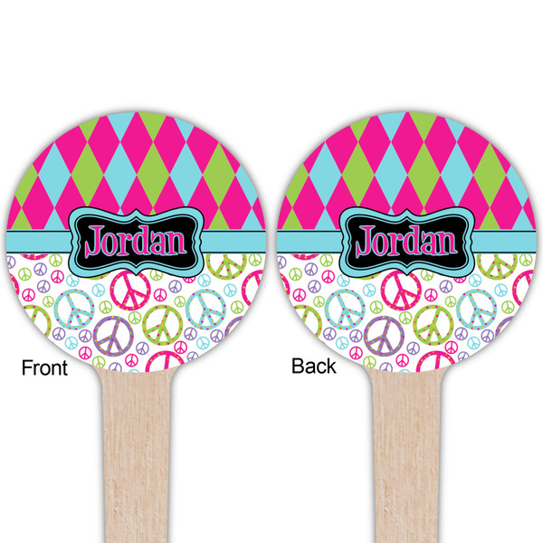 Harlequin & Peace Signs Wooden 4" Food Pick - Round - Double Sided - Front & Back