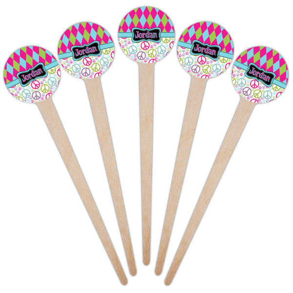 Harlequin & Peace Signs Wooden 4" Food Pick - Round - Fan View