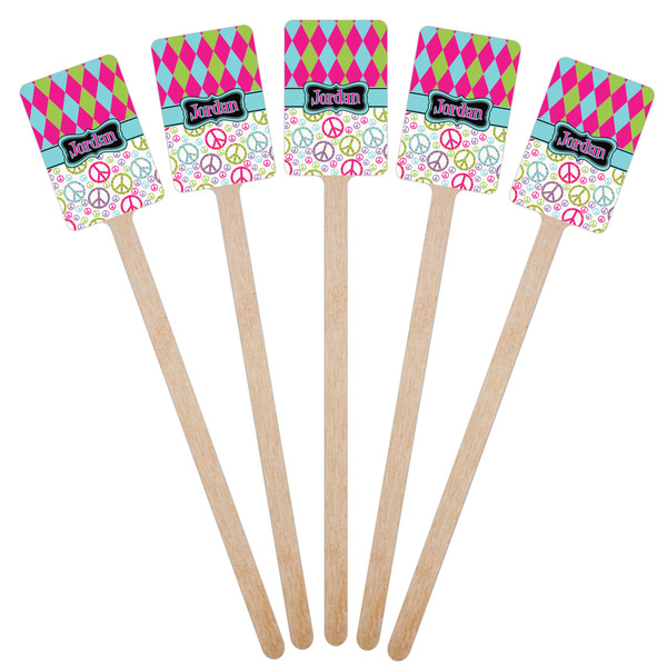 Harlequin & Peace Signs Wooden 6.25" Stir Stick - Rectangular - Fan View