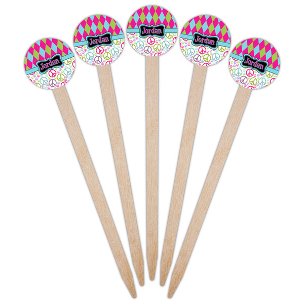 Harlequin & Peace Signs Wooden 6" Food Pick - Round - Fan View