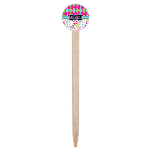 Harlequin & Peace Signs Wooden 6" Food Pick - Round - Single Pick