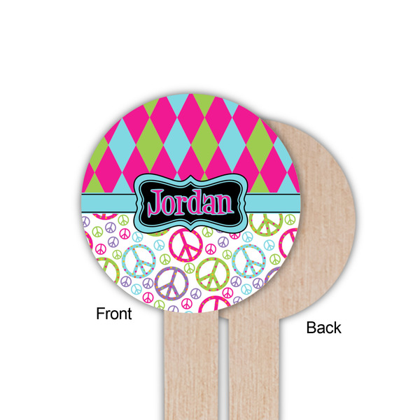 Harlequin & Peace Signs Wooden 6" Food Pick - Round - Single Sided - Front & Back