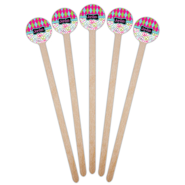 Harlequin & Peace Signs Wooden 6" Stir Stick - Round - Fan View