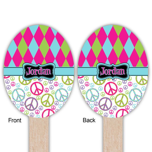 Harlequin & Peace Signs Wooden Food Pick - Oval - Double Sided - Front & Back