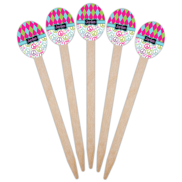 Harlequin & Peace Signs Wooden Food Pick - Oval - Fan View