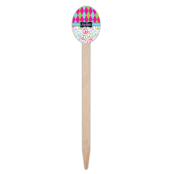 Harlequin & Peace Signs Wooden Food Pick - Oval - Single Pick