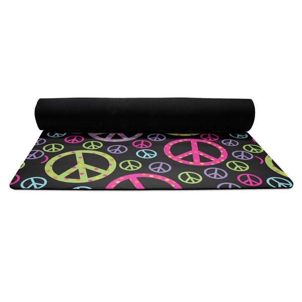 Harlequin & Peace Signs Yoga Mat Rolled up Black Rubber Backing