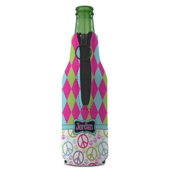 Harlequin & Peace Signs Zipper Bottle Cooler - BACK (bottle)