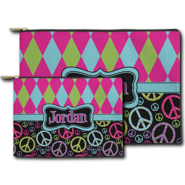 Harlequin & Peace Signs Zippered Pouches - Size Comparison