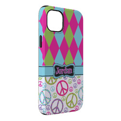 Harlequin & Peace Signs iPhone Case - Rubber Lined - iPhone 14 Plus (Personalized)